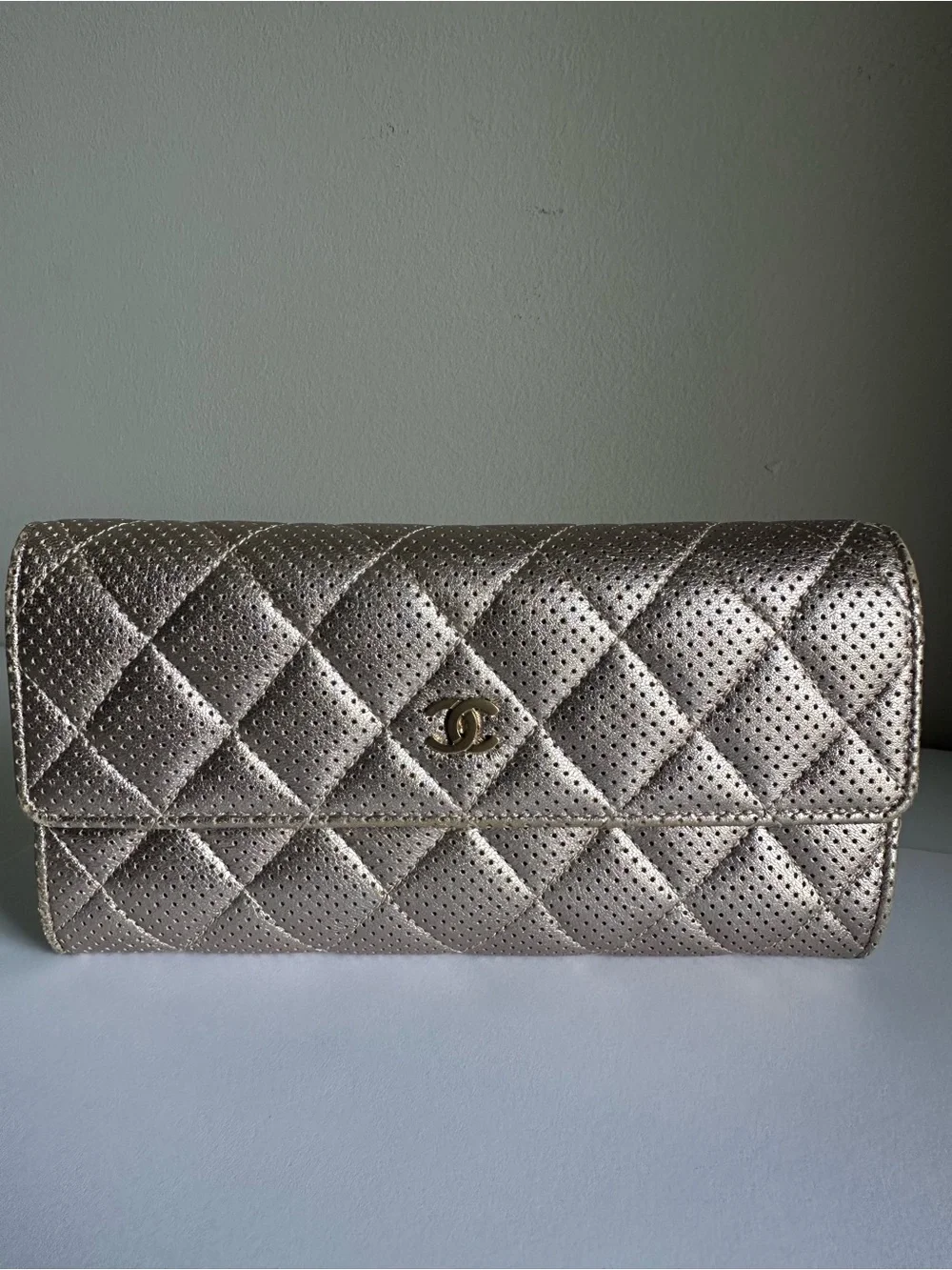 CHANEL Metallic Champagne Perforated Quilted Long Wallet + Unbranded WOC Kit